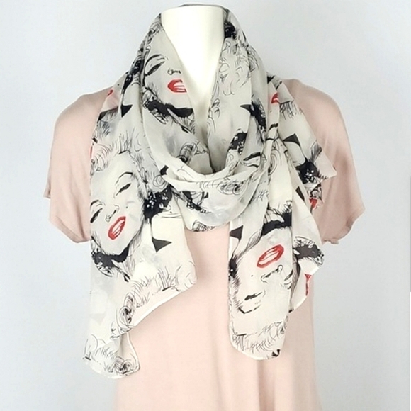 Le Chateu Marilyn Monroe Sketch Scarf Semi Sheer Red Lips Lightweight Semi Sheer - Picture 1 of 8